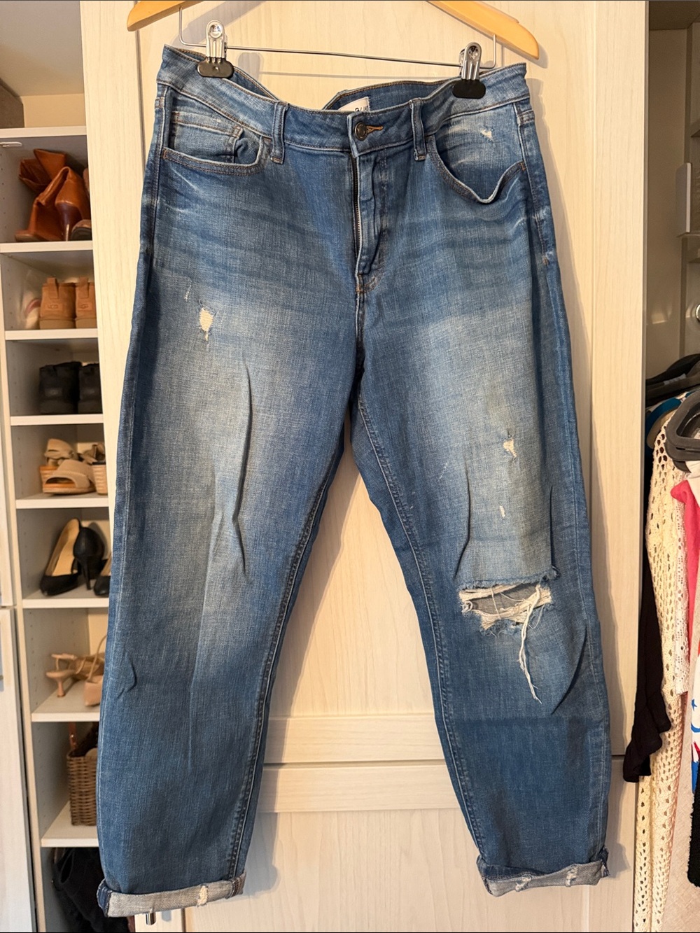 Relaxed Fit Distressed Boyfriend Jeans - Blue